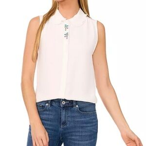 CeCe White Sleeveless Top with Embroidered Detail